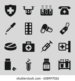 Pharmacy icons set. set of 16 pharmacy filled icons such as pipette, medical cross, syringe, medical cross tag, test tube, pill, medicine, heart test tube