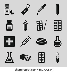 Pharmacy icons set. set of 16 pharmacy filled icons such as pipette, paints, syringe, medical cross tag, pill, bandage, heart test tube, medical ampoule, medicine bottle