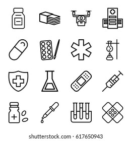 Pharmacy icons set. set of 16 pharmacy outline icons such as pipette, paints, hospital, syringe, bandage, medical sign, test tube, medicine bottle, pill, medicine