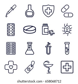 Pharmacy icons set. set of 16 pharmacy outline icons such as pipette, medical cross tag, pill, medical sign, medicine, heart test tube, bandage, virus and pills, test tube