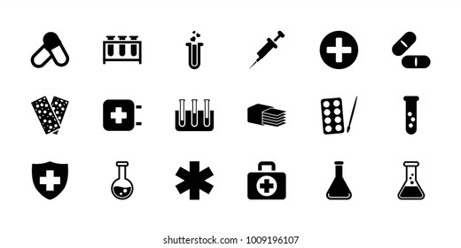 Pharmacy icons. set of 18 editable filled pharmacy icons: paints, test tube, pill, medical sign, bandage, heart test tube, plus, first aid, medical cross