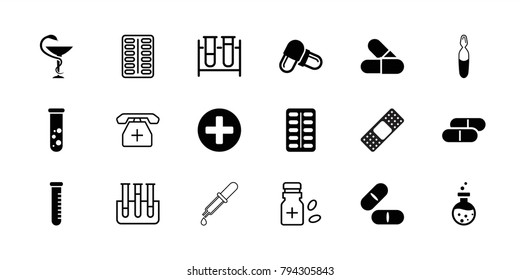 Pharmacy icons. set of 18 editable filled and outline pharmacy icons: pill, medical ampoule, medicine, test tube, medicine bottle, medical phone, plus, pipette