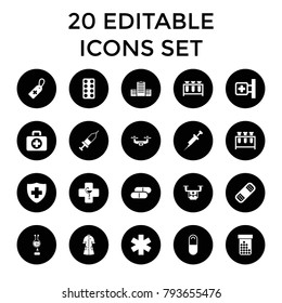 Pharmacy icons. set of 20 editable filled pharmacy icons such as medical cross, medical cross tag, pill, bandage, nurse gown. best quality pharmacy elements in trendy style.