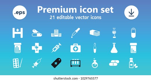 Pharmacy icons. set of 21 editable filled pharmacy icons includes paints, first aid, bottle pills, syringe, bandage, medical ampoule, medicine bottle, pill, injection, pipette