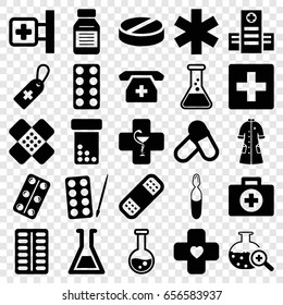 Pharmacy icons set. set of 25 pharmacy filled icons such as paints, medical cross, hospital, medical cross tag, pill, bandage, nurse gown, medicine, test tube search, pharmacy