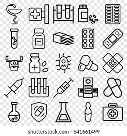 Pharmacy icons set. set of 25 pharmacy outline icons such as medical cross, hospital, syringe, test tube, pill, bandage, medicine, medical ampoule, medicine bottle