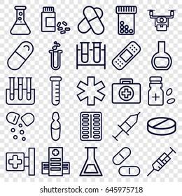 Pharmacy icons set. set of 25 pharmacy outline icons such as medical cross, hospital, syringe, test tube, pill, bandage, medical sign, medicine, heart test tube