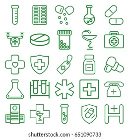 Pharmacy icons set. set of 25 pharmacy outline icons such as hospital, medical cross tag, test tube, pill, medical sign, medicine, health insurance, bandage, pharmacy, plus