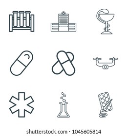Pharmacy icons. set of 9 editable outline pharmacy icons such as pill, medical sign, test tube, paints, hospital, medical drone, heart test tube