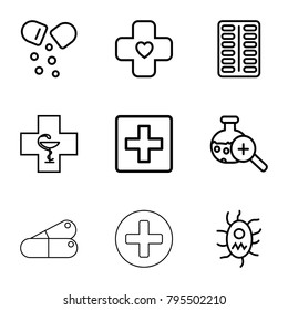 Pharmacy icons. set of 9 editable outline pharmacy icons such as plus, pill, test tube search, bandage, pharmacy