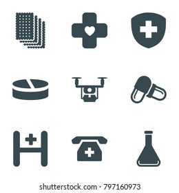 Pharmacy icons. set of 9 editable filled pharmacy icons such as pill, medical drone, hospital, medical phone, test tube, bandage