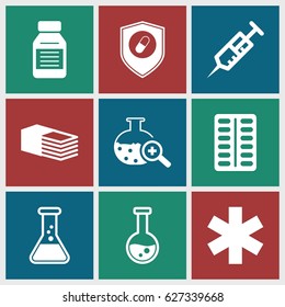 Pharmacy icons set. set of 9 pharmacy filled icons such as syringe, pill, medical sign, bandage, medicine, health insurance, test tube search