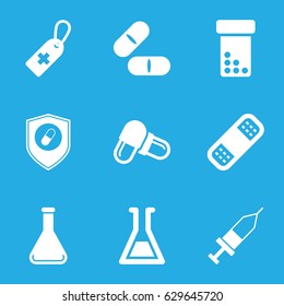 Pharmacy icons set. set of 9 pharmacy filled icons such as medical cross tag, pill, bandage, health insurance, test tube, injection