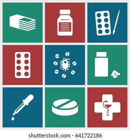 Pharmacy icons set. set of 9 pharmacy filled icons such as pipette, paints, pill, medicine, bandage, pharmacy