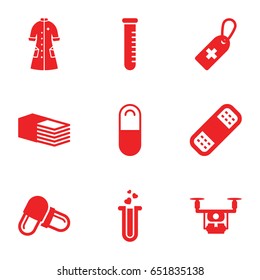 Pharmacy icons set. set of 9 pharmacy filled icons such as medical cross tag, pill, bandage, heart test tube, nurse gown, test tube