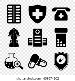 Pharmacy icons set. set of 9 pharmacy filled icons such as hospital, pill, medical sign, medical phone, nurse gown, health insurance, test tube search