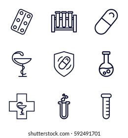 pharmacy icons set. Set of 9 pharmacy outline icons such as heart test tube, medical pills, pill, health insurance, medicine, pharmacy