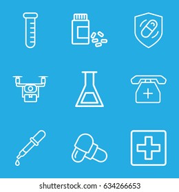 Pharmacy icons set. set of 9 pharmacy outline icons such as pipette, pill, medicine, medical phone, health insurance, test tube, plus