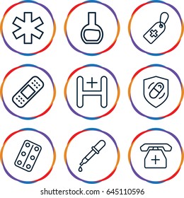 Pharmacy icons set. set of 9 pharmacy outline icons such as pipette, medical cross tag, bandage, medical sign, hospital, health insurance