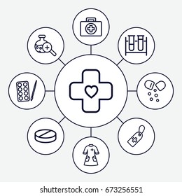 Pharmacy icons set. set of 9 pharmacy outline icons such as paints, medical cross tag, test tube, pill, nurse gown, test tube search, bandage