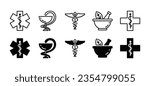 Pharmacy icons set. Caduceus snake, medicals, herbal bowl icon symbol in line and flat style for apps and websites. Health care vector illustration