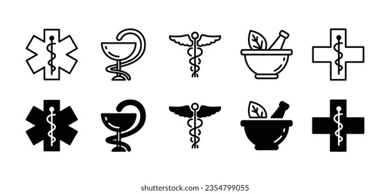 Pharmacy icons set. Caduceus snake, medicals, herbal bowl icon symbol in line and flat style for apps and websites. Health care vector illustration