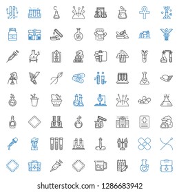 pharmacy icons set. Collection of pharmacy with first aid kit, potion, trial, beaker, patch, vaccine, needle, tubes, pipette, flask, test tube. Editable and scalable pharmacy icons.