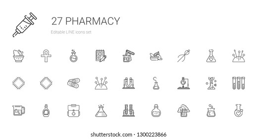 pharmacy icons set. Collection of pharmacy with flask, potion, test tube, first aid kit, syrup, beaker, needles, band aid, patch, needle. Editable and scalable pharmacy icons.