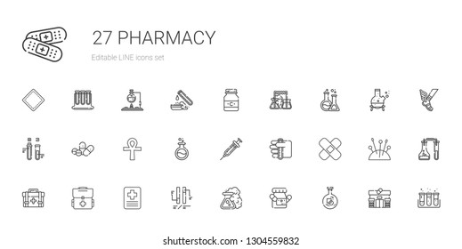 pharmacy icons set. Collection of pharmacy with flask, medicine, ph, hospital, first aid kit, patch, test tube, syringe, cross, pills, needles. Editable and scalable pharmacy icons.