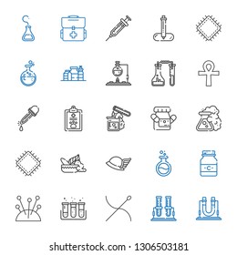 pharmacy icons set. Collection of pharmacy with flask, test tube, needle, needles, medicine, hermes, mortar, patch, pet, eyedropper, cross. Editable and scalable pharmacy icons.