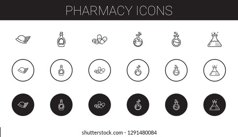 pharmacy icons set. Collection of pharmacy with hermes, syrup, pills, flask. Editable and scalable pharmacy icons.