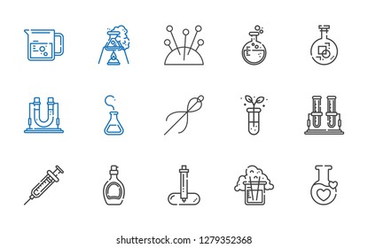 pharmacy icons set. Collection of pharmacy with potion, flask, pipette, syrup, syringe, test tube, needle, needles, beaker. Editable and scalable pharmacy icons.