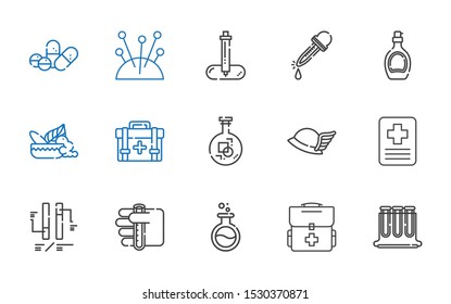 pharmacy icons set. Collection of pharmacy with test tubes, first aid kit, flask, test tube, ph, hospital, hermes, mortar, syrup, eyedropper. Editable and scalable pharmacy icons.