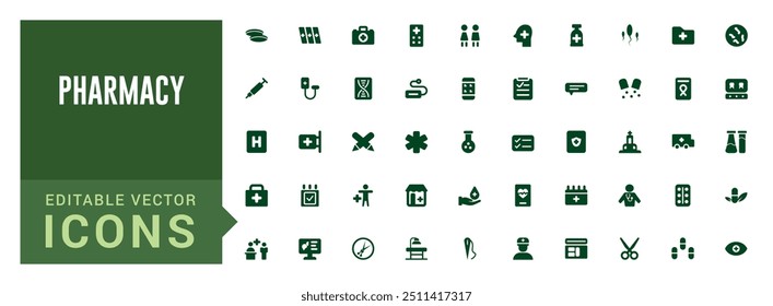 Pharmacy icons set. Editable vector icon collections. Filled icon set, vector illustration. Solid icon set. Glyph icon set for web and ui. Editable stroke.