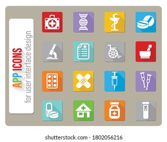 pharmacy icons set in flat design with long shadow