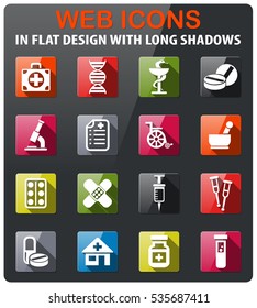 pharmacy icons set in flat design with long shadow