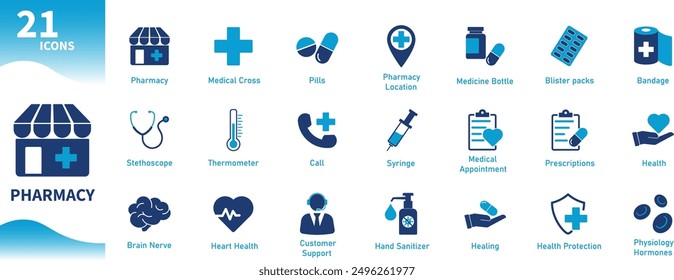 Pharmacy Icons. Set of flat icons on medical, health, medicine, heart, prescription, stethoscope, hospital, cardiology themes. Solid vector icon
