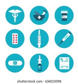 Pharmacy icons set. Flat style vector illustration isolated on white background.