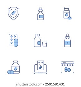 Pharmacy icons set. Line Duotone style, editable stroke. syrup, buy online, online pharmacy, medicine, drug, dropper, eye dropper, shield.