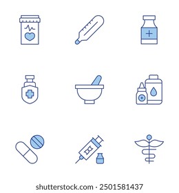 Pharmacy icons set. Line Duotone style, editable stroke. protection, thermometer, medicine, pharmacy, pill, mortar, liquid drop, stem cells.