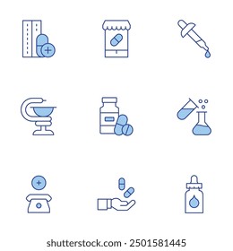 Pharmacy icons set. Line Duotone style, editable stroke. phone, mixing, pills, eye drops, pharmacy, medicine, eye drop.