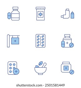 Pharmacy icons set. Line Duotone style, editable stroke. pharmacy, mortar, inhaler, pill, pills, medicine.