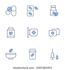 Conjunto de iconos de farmacia. Línea estilo Duotone, editable stroke. medicamentos, vegano, píldoras, farmacia en línea, farmacia, insulina, hierbas, diagnóstico.