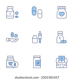 Pharmacy icons set. Line Duotone style, editable stroke. medicine, pharmacy, supplement, pills, vitamin c, jar, pill.