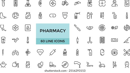 Pharmacy icons set. Line style icon collections, editable stroke. stethoscope, pregnancy test, pills, dropper, alternative medicine, medicines, pharmacy, Editable strock.