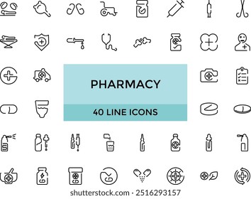 Pharmacy icons set. Line style icon collections, editable stroke. stethoscope, pregnancy test, pills, dropper, alternative medicine, medicines, pharmacy, Editable strock.