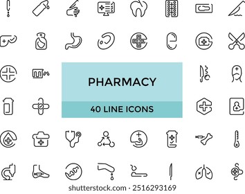 Conjunto de iconos de farmacia. Estilo de línea icono colecciones, editable stroke. estetoscopio, prueba de embarazo, píldoras, gotero, medicina alternativa, medicinas, farmacia, editable strock.