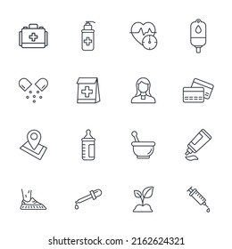 íconos de farmacia establecidos . símbolo del paquete de farmacia elementos vectoriales para web infográfica