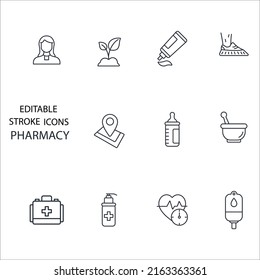 íconos de farmacia establecidos . símbolo del paquete de farmacia elementos vectoriales para web infográfica