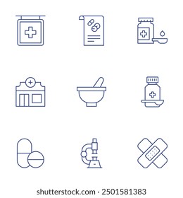 Pharmacy icons set. Thin Line style, editable stroke. syrup, plaster, pharmacy, medicines, medical prescription, mortar, microscope.